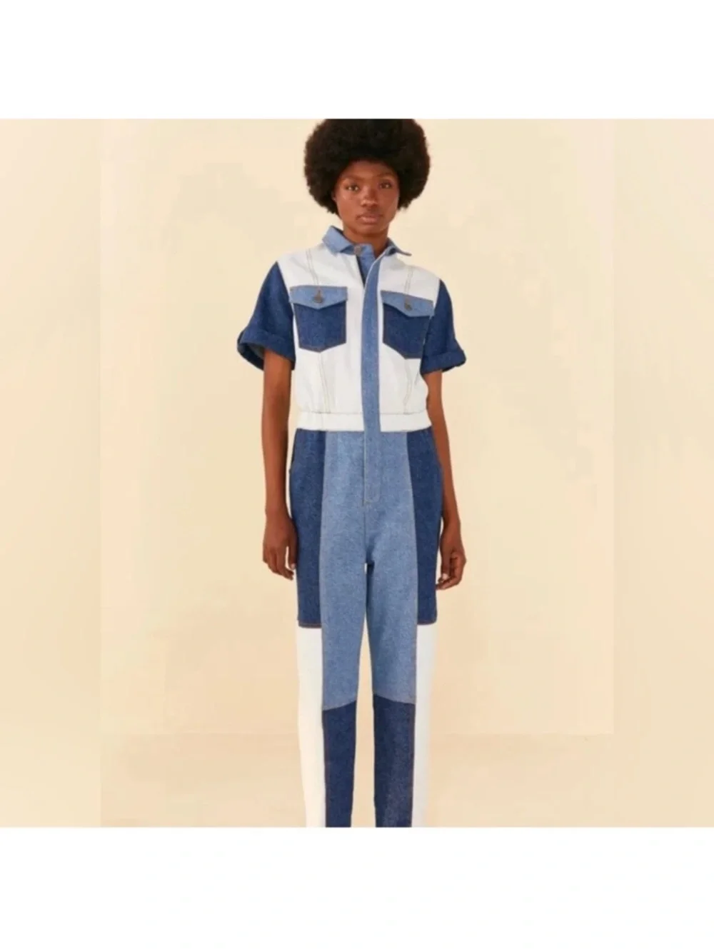 FARM Rio Colorblock Patchwork Denim Jumpsuit in Blue and White Size 24